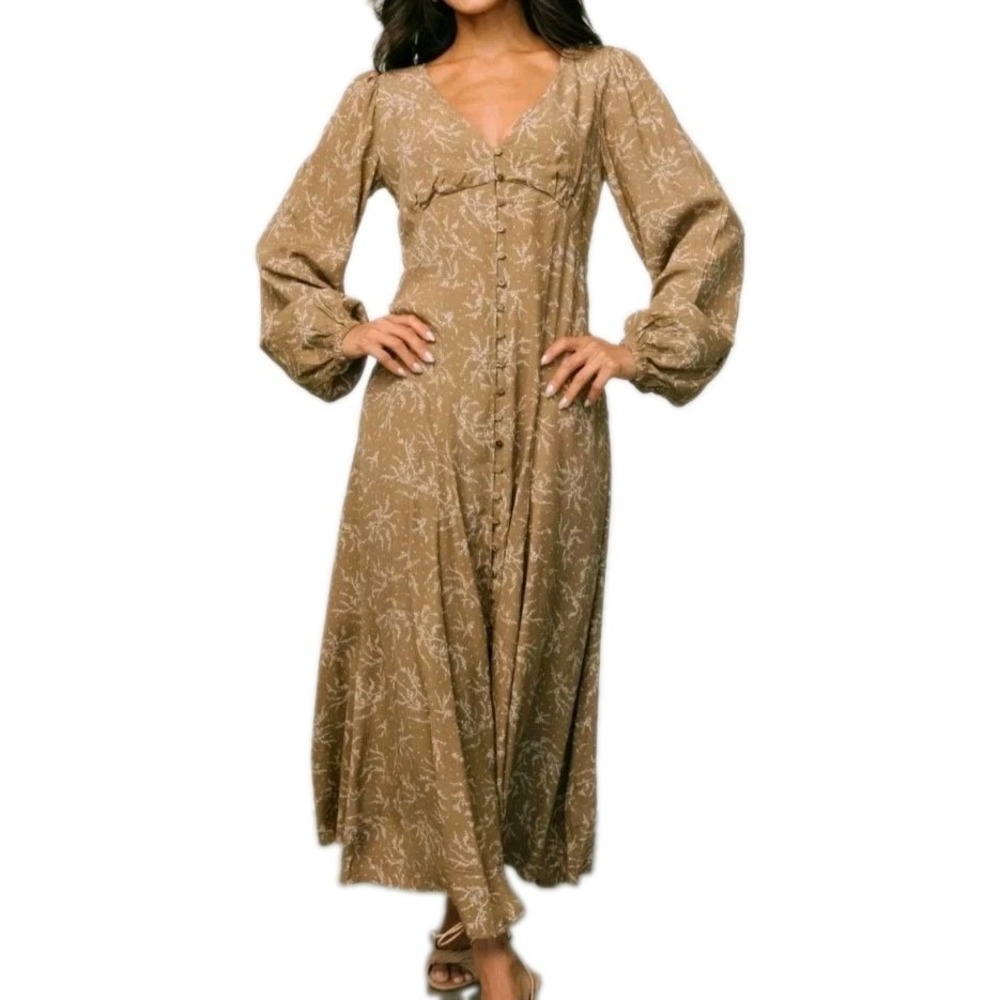 In Loom Maxi Dress Womens Size L Bohemian Fall Long Sleeve Button Front Tan